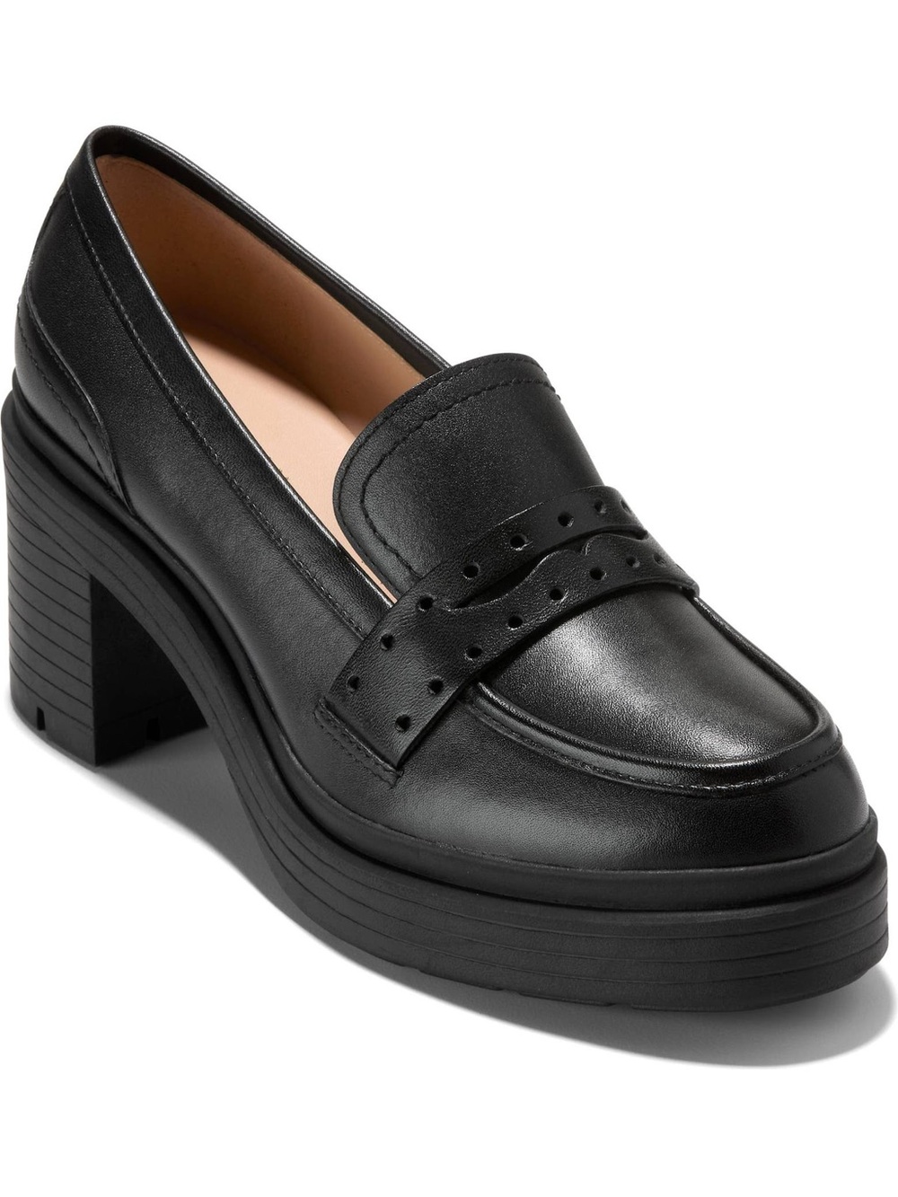 Cole Haan Black Leather Platform Loafers w/ Block Heel Paderma Penny Loafer Pump